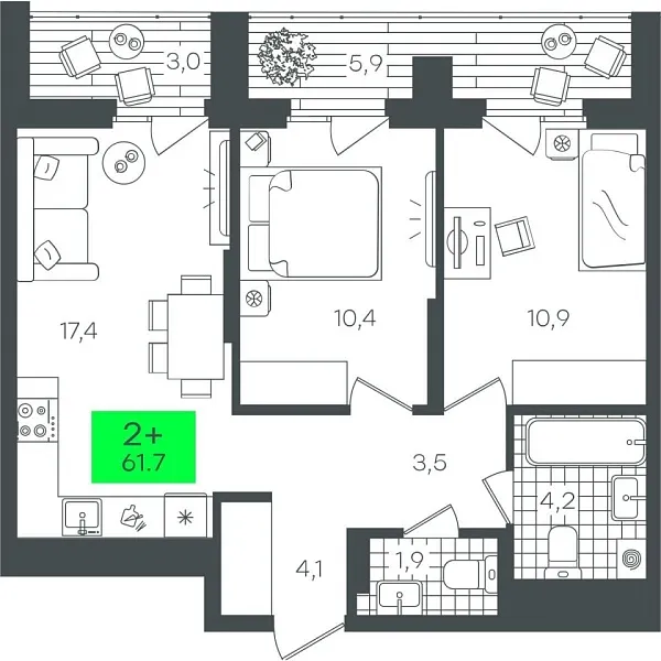 Новая 2-к квартира
 61.76 м² на 6/22 этаже в ЖК «Гранд Квартал» в городе Тюмень 