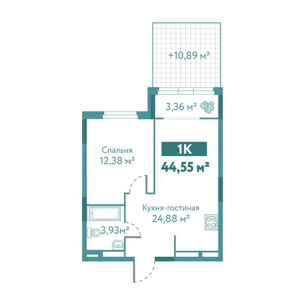 Новая 1-к квартира
 44.55 м² на 1/10 этаже в ЖК «Акватория» в городе Тюмень 