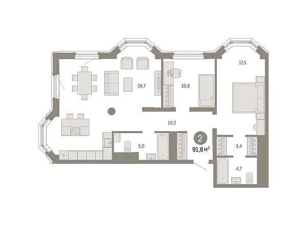 Новая 2-к квартира
 91.8 м² на 16/24 этаже в ЖК «На Некрасова» в городе Тюмень 