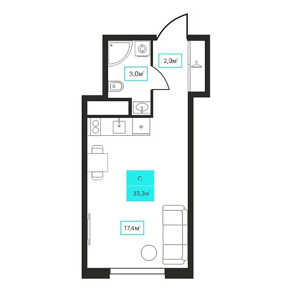 Количество комнат: Студия,  23.3 кв.м.