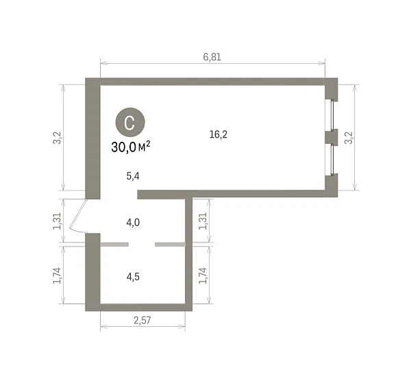 Количество комнат: Студия,  30 кв.м.