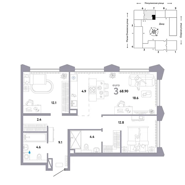 Новая 3-к квартира
 68.9 м² на 26/30 этаже в ЖК «Страна.Озёрная» в городе Тюмень 