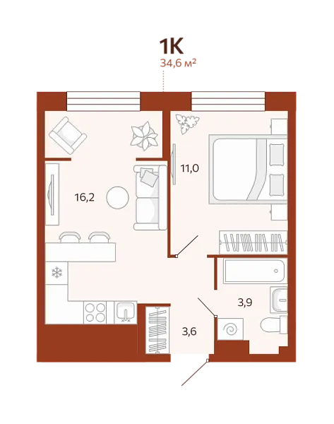 Новая 1-к квартира
 34.64 м² на 11/14 этаже в ЖК «ЖК Новатор» в городе Тюмень 