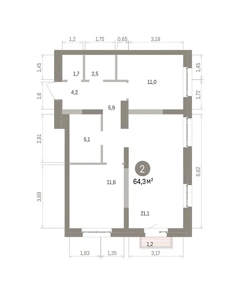 Количество комнат: 2,  64.3 кв.м.