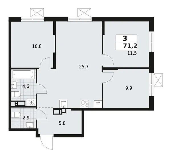 Новая 3-к квартира
 71.2 м² на 4/12 этаже в ЖК «А101 Всеволожск» в городе Тюмень 