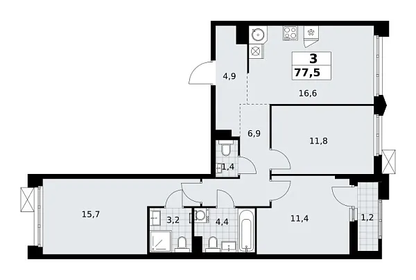 Новая 3-к квартира
 77.5 м² на 10/16 этаже в ЖК «Деснаречье» в городе Тюмень 