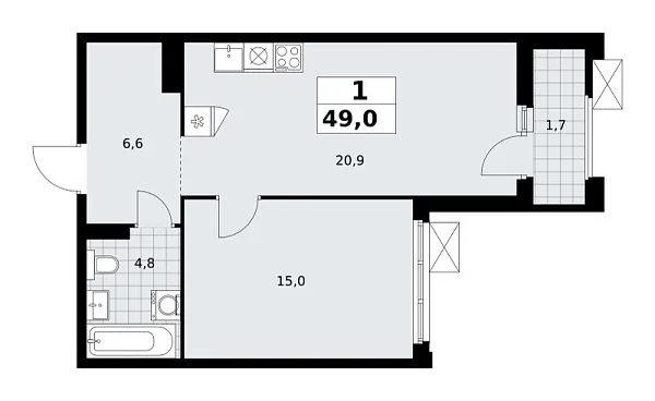 Новая 1-к квартира
 49 м² на 17/22 этаже в ЖК «Деснаречье» в городе Тюмень 
