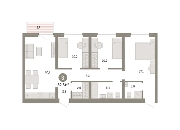 Новая 3-к квартира
 82.8 м² на 3/8 этаже в ЖК «Речной порт» в городе Тюмень 