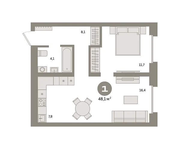 Новая 1-к квартира
 48.1 м² на 2/9 этаже в ЖК «Квартал «Метроном»» в городе Тюмень 