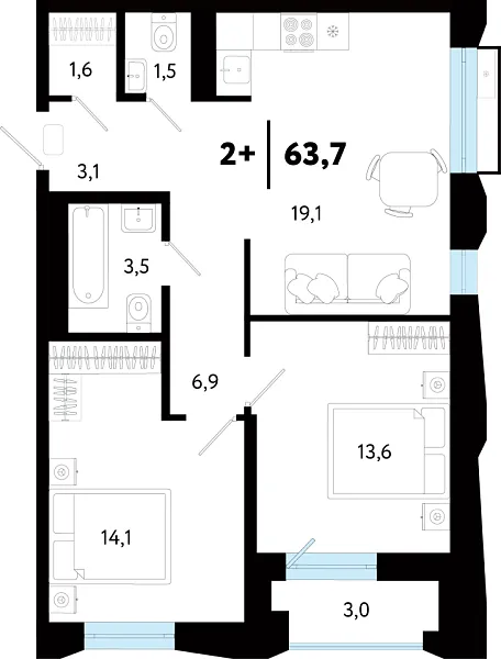 Новая 2-к квартира
 63.7 м² на 7/25 этаже в ЖК «Кедровый берег» в городе Тюмень 