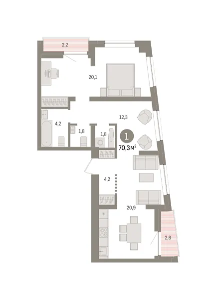 Новая 1-к квартира
 70.3 м² на 8/8 этаже в ЖК «Речной порт» в городе Тюмень 