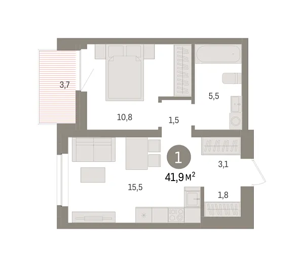 Новая 1-к квартира
 41.9 м² на 6/9 этаже в ЖК «Речной порт» в городе Тюмень 