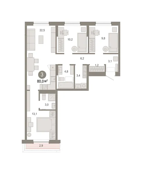 Новая 3-к квартира
 79.98 м² на 7/7 этаже в ЖК «Октябрьский на Туре» в городе Тюмень 