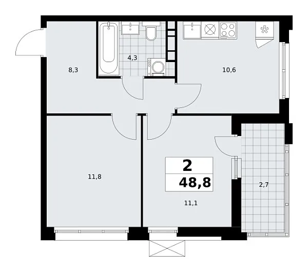 Новая 2-к квартира
 48.8 м² на 13/19 этаже в ЖК «Скандинавия» в городе Тюмень 