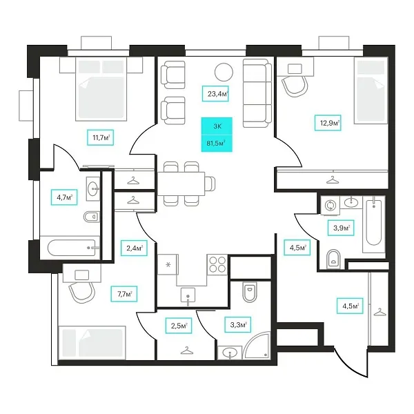 Количество комнат: 3,  81.5 кв.м.