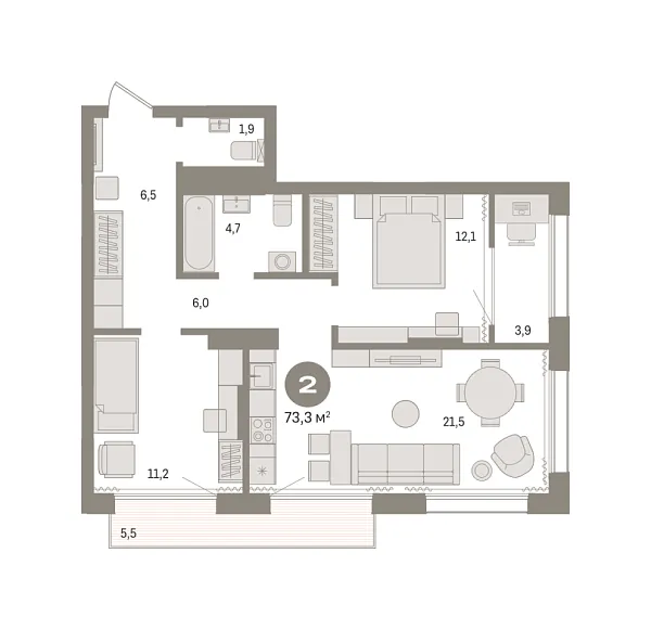 Новая 2-к квартира
 73.27 м² на 16/17 этаже в ЖК «Октябрьский на Туре» в городе Тюмень 