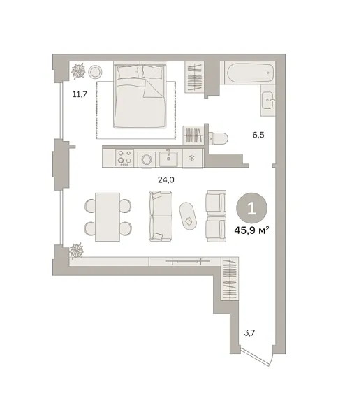 Новая 1-к квартира
 45.84 м² на 12/25 этаже в ЖК «Квартал «МОНС»» в городе Тюмень 