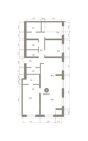 Количество комнат: 3,  117.35 кв.м.