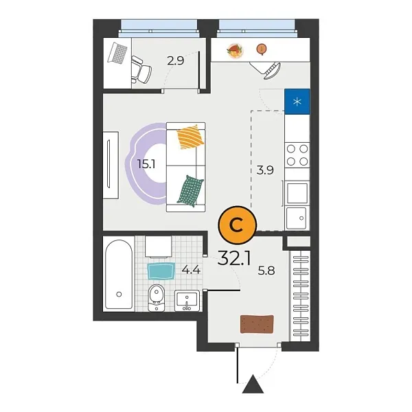Новая квартира-студия
 32.1 м² на 21/25 этаже в ЖК «Корней» в городе Тюмень 