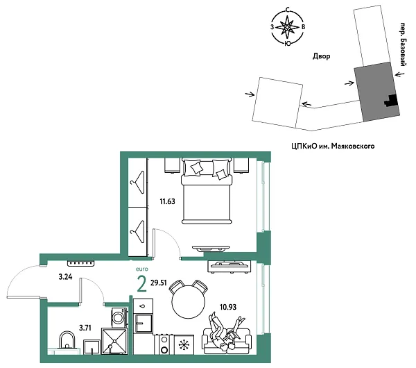 Новая 2-к квартира
 29.51 м² на 9/25 этаже в ЖК «Сибирский сад» в городе Тюмень 