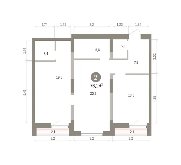 Количество комнат: 2,  76.1 кв.м.