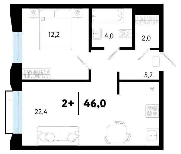 Новая 1-к квартира
 46.06 м² на 3/5 этаже в ЖК «Кедровый берег» в городе Тюмень 