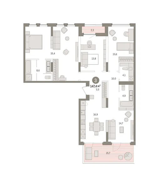 Новая 3-к квартира
 147.38 м² на 2/8 этаже в ЖК «Зарека» в городе Тюмень 