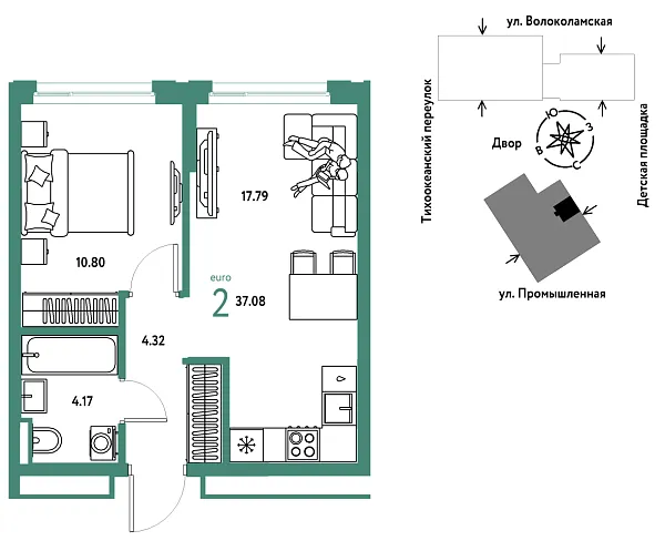 Новая 2-к квартира
 37.08 м² на 17/20 этаже в ЖК «Страна.Прибрежная» в городе Тюмень 