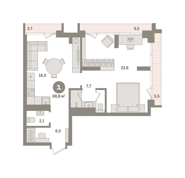 Новая 1-к квартира
 69.3 м² на 11/29 этаже в ЖК «Квартал «Издание»» в городе Тюмень 