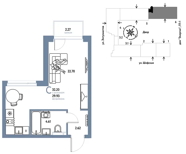 Новая квартира-студия
 32.2 м² на 4/24 этаже в ЖК «Страна.Энтузиастов» в городе Тюмень 