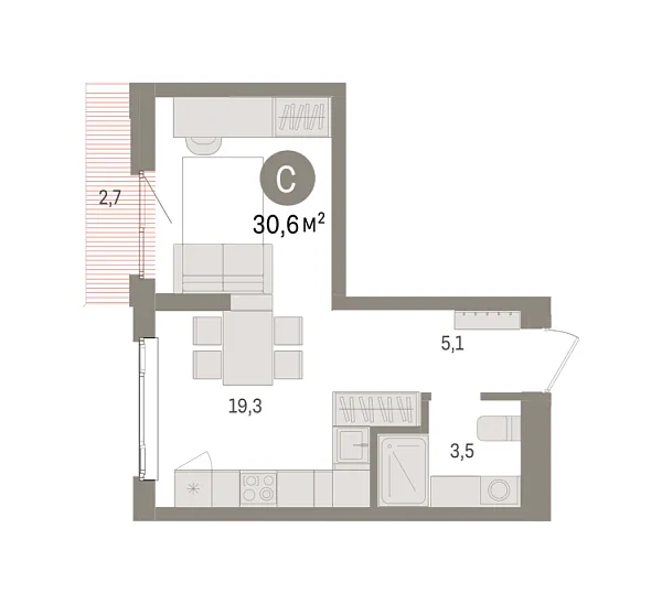 Новая квартира-студия
 30.6 м² на 6/9 этаже в ЖК «Квартал «Траектория»» в городе Тюмень 