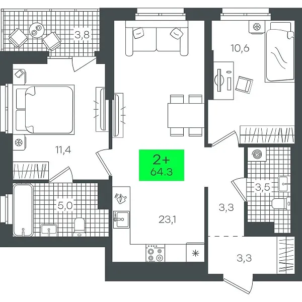 Количество комнат: 2,  64.31 кв.м.