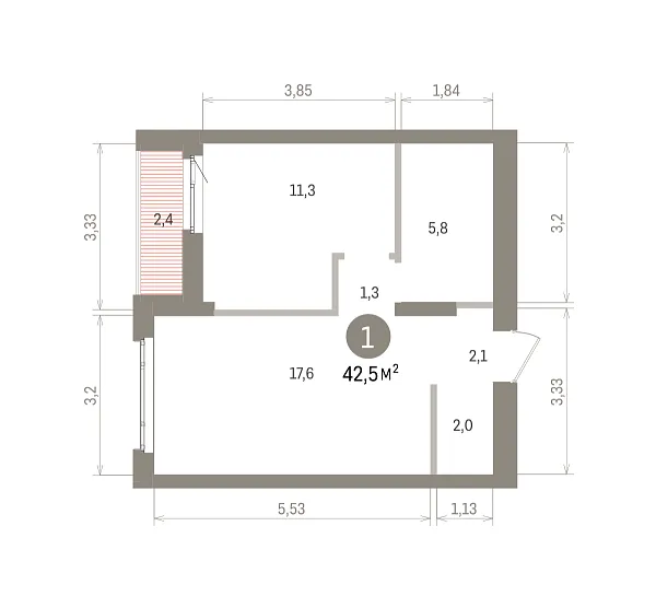 Количество комнат: 1,  42.5 кв.м.