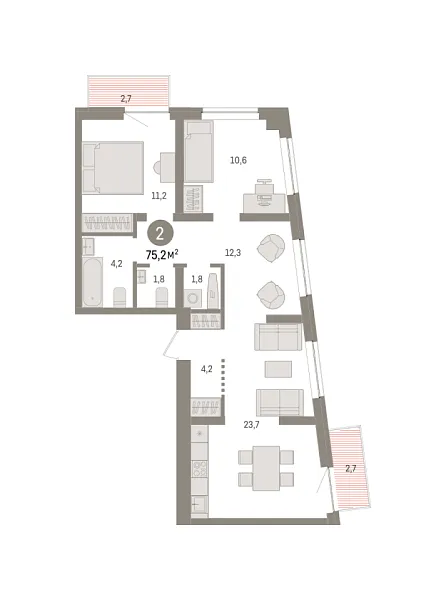 Новая 2-к квартира
 75.2 м² на 4/8 этаже в ЖК «Речной порт» в городе Тюмень 