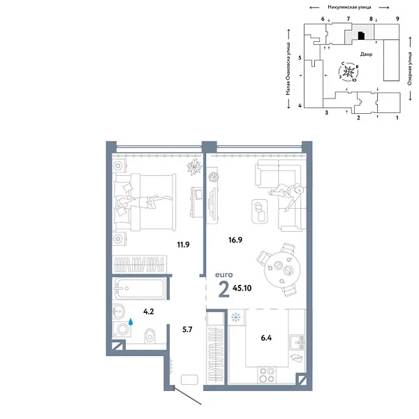 Новая 2-к квартира
 45.1 м² на 9/30 этаже в ЖК «Страна.Озёрная» в городе Тюмень 