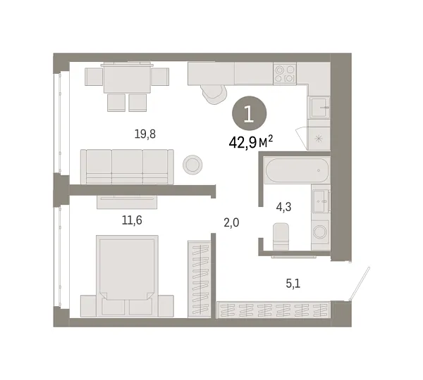 Новая 1-к квартира
 42.87 м² на 10/18 этаже в ЖК «Республики 205» в городе Тюмень 