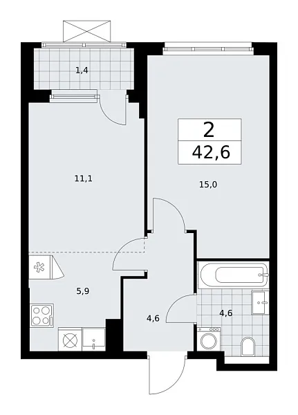 Новая 2-к квартира
 42.7 м² на 11/19 этаже в ЖК «Бунинские кварталы» в городе Тюмень 