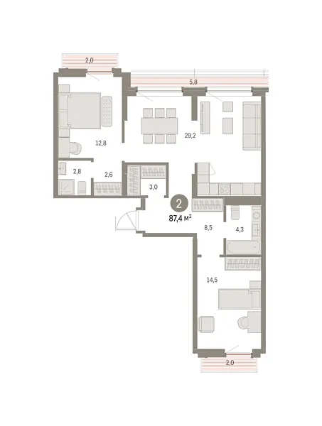Новая 2-к квартира
 87.37 м² на 8/9 этаже в ЖК «Брусника в Академическом» в городе Тюмень 
