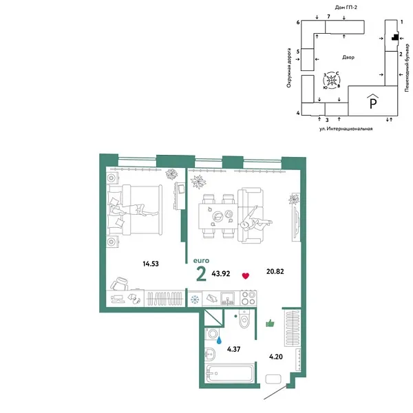 Новая 2-к квартира
 43.92 м² на 6/16 этаже в ЖК «Юнион» в городе Тюмень 