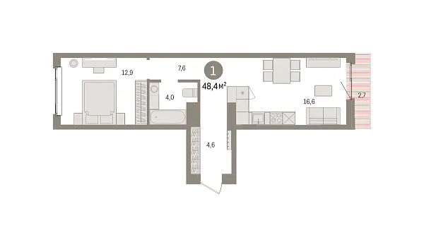 Новая 1-к квартира
 48.4 м² на 7/9 этаже в ЖК «Квартал «Траектория»» в городе Тюмень 