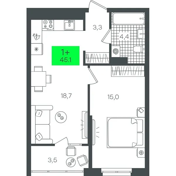 Новая 1-к квартира
 45.13 м² на 18/22 этаже в ЖК «Гранд Квартал» в городе Тюмень 