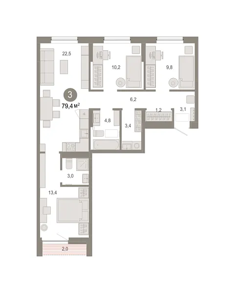 Новая 3-к квартира
 79.39 м² на 6/7 этаже в ЖК «Октябрьский на Туре» в городе Тюмень 