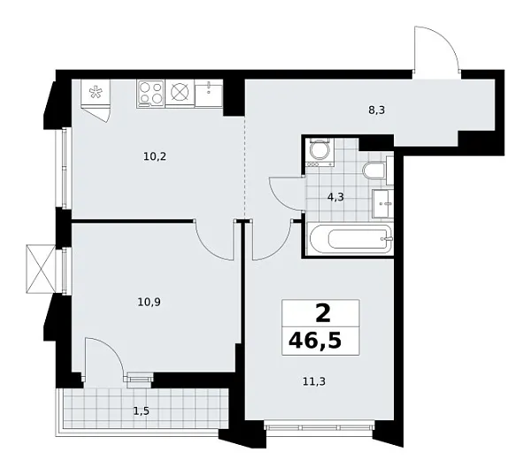 Новая 2-к квартира
 46.5 м² на 8/17 этаже в ЖК «Деснаречье» в городе Тюмень 