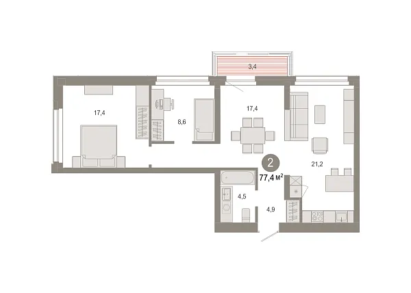 Новая 2-к квартира
 77.39 м² на 3/7 этаже в ЖК «Квартал Нефть» в городе Тюмень 