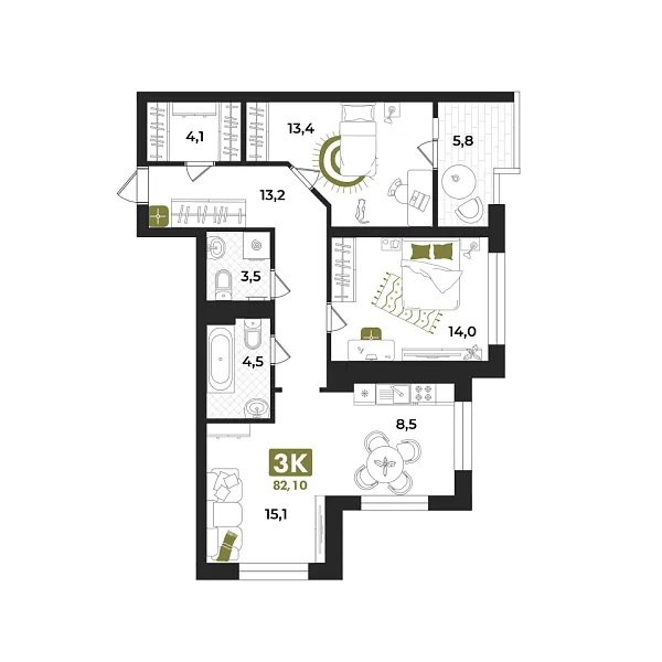 Новая 3-к квартира
 82.1 м² на 9/15 этаже в ЖК «Опера» в городе Тюмень 