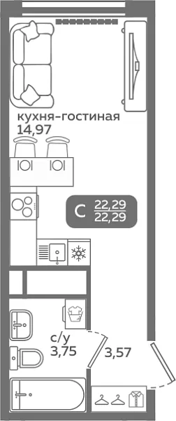 Новая квартира-студия
 22.29 м² на 7/21 этаже в ЖК «Меридиан Слобода» в городе Тюмень 