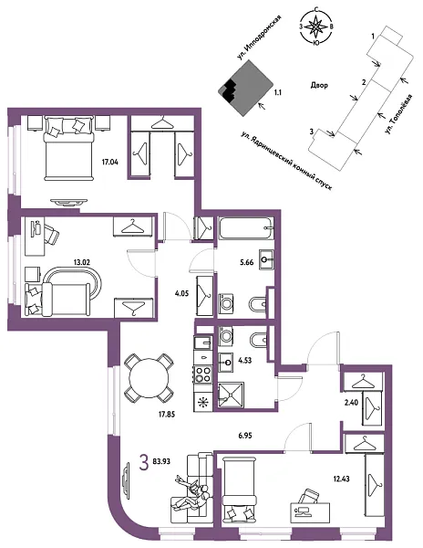 Новая 3-к квартира
 83.93 м² на 28/30 этаже в ЖК «Страна.Тополёвая» в городе Тюмень 