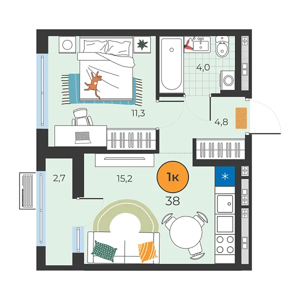Новая 1-к квартира
 35.3 м² на 2/25 этаже в ЖК «Корней» в городе Тюмень 