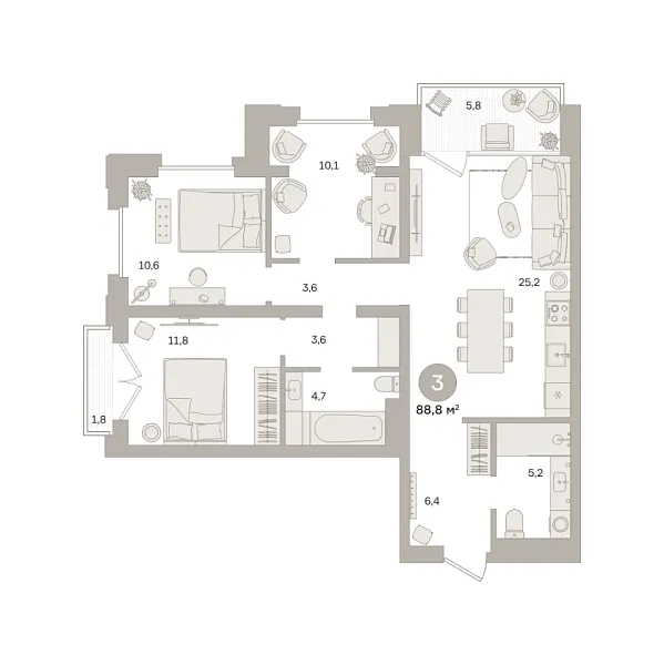 Новая 3-к квартира
 89.34 м² на 9/25 этаже в ЖК «Квартал «МОНС»» в городе Тюмень 