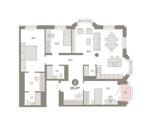 Новая 3-к квартира
 121.1 м² на 13/24 этаже в ЖК «На Некрасова» в городе Тюмень 